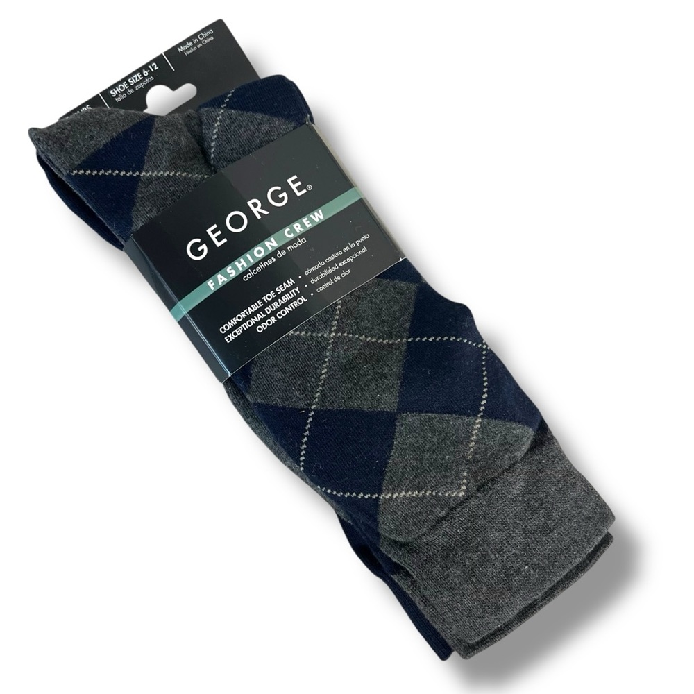 George Mens Crew Socks 5 Diamond Gray Argyle Dress Socks 3‎ Pairs New Size 6-12
